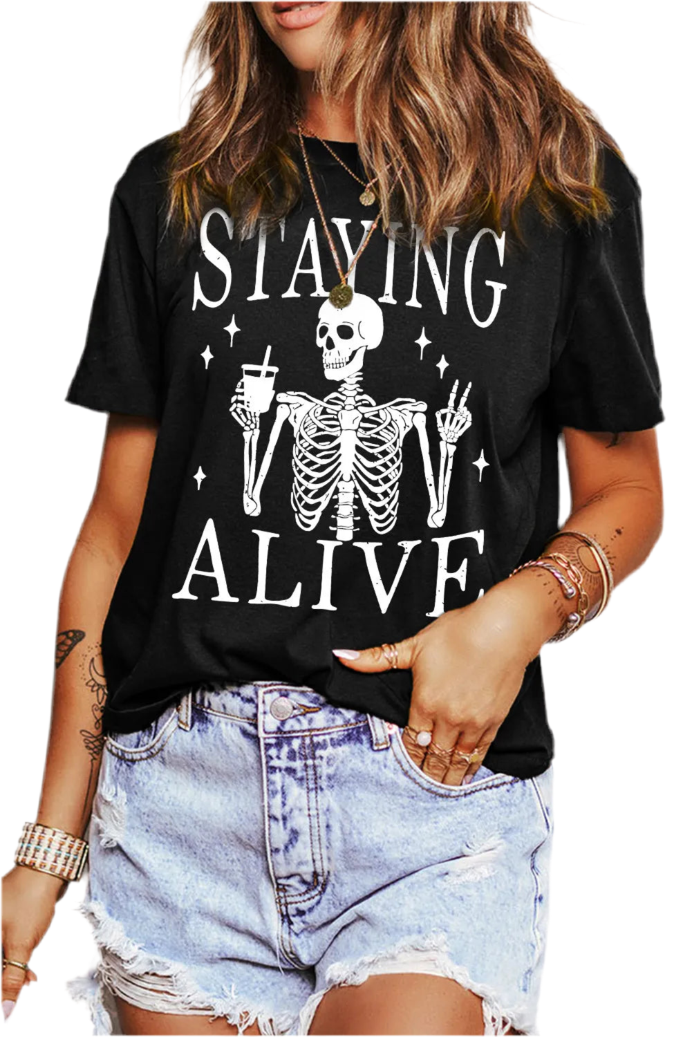 Groovy Skeleton Graphic Round Neck Short Sleeve T-Shirt