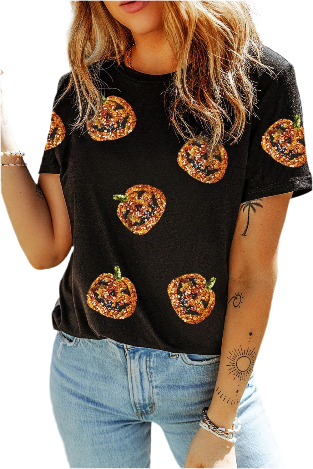 Jacqui O Lantern Sequin Pumpkin Round Neck Short Sleeve T-Shirt