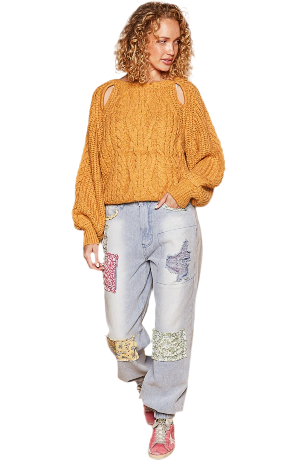 Tina Yellow Cable Knit Cutout Long Sleeve Sweater