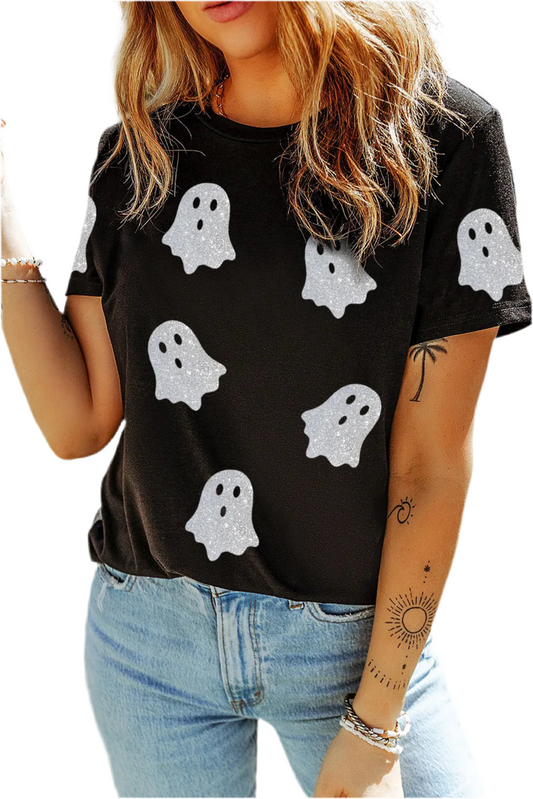 Sparkly Boo Glitter Ghost Round Neck Short Sleeve T-Shirt