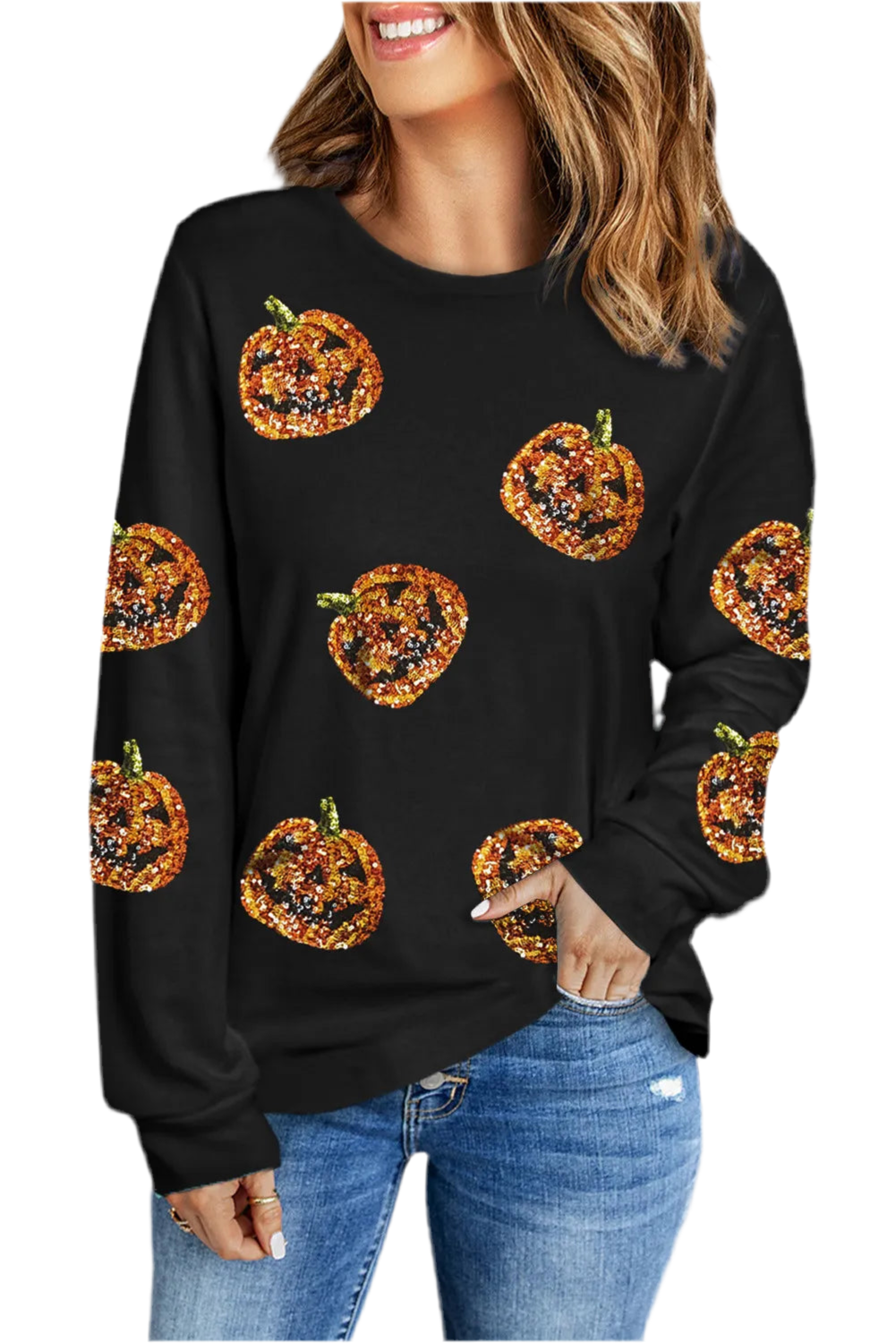 Jacqui O Lantern Sequin Pumpkin Round Neck Long Sleeve Top