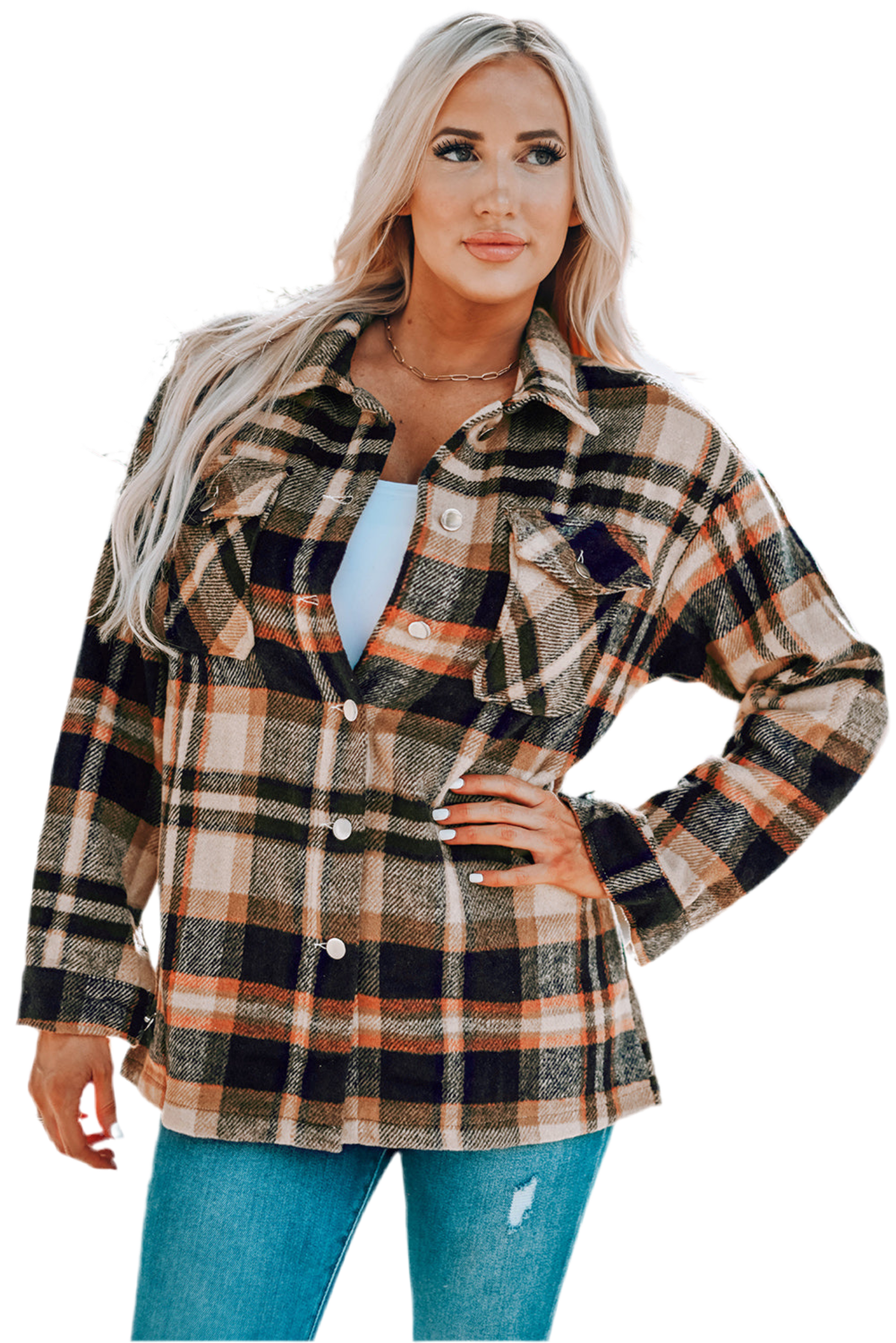 Double Take Plaid Button Front Shirt Jacket with Breast Pockets