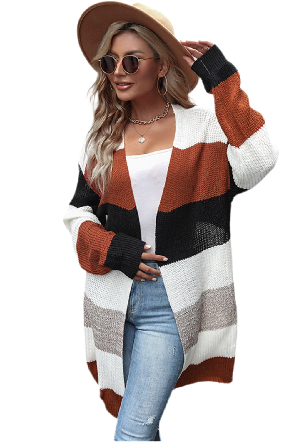 Earthy Autumn Striped Open Front Longline Cardigan