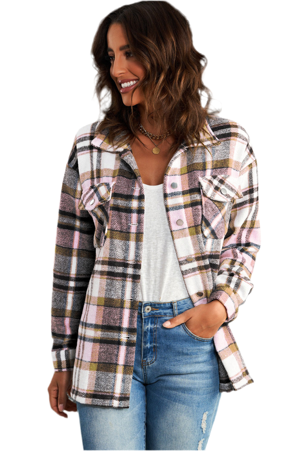 Double Take Plaid Button Front Shirt Jacket with Breast Pockets