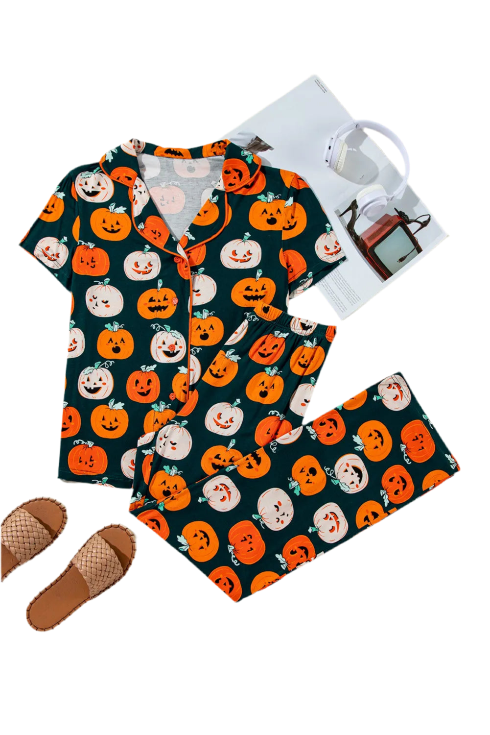 Pumpkin Printed Short Sleeve Top and Pants Lounge Set