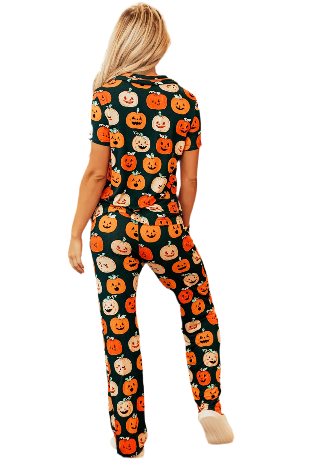 Pumpkin Printed Short Sleeve Top and Pants Lounge Set