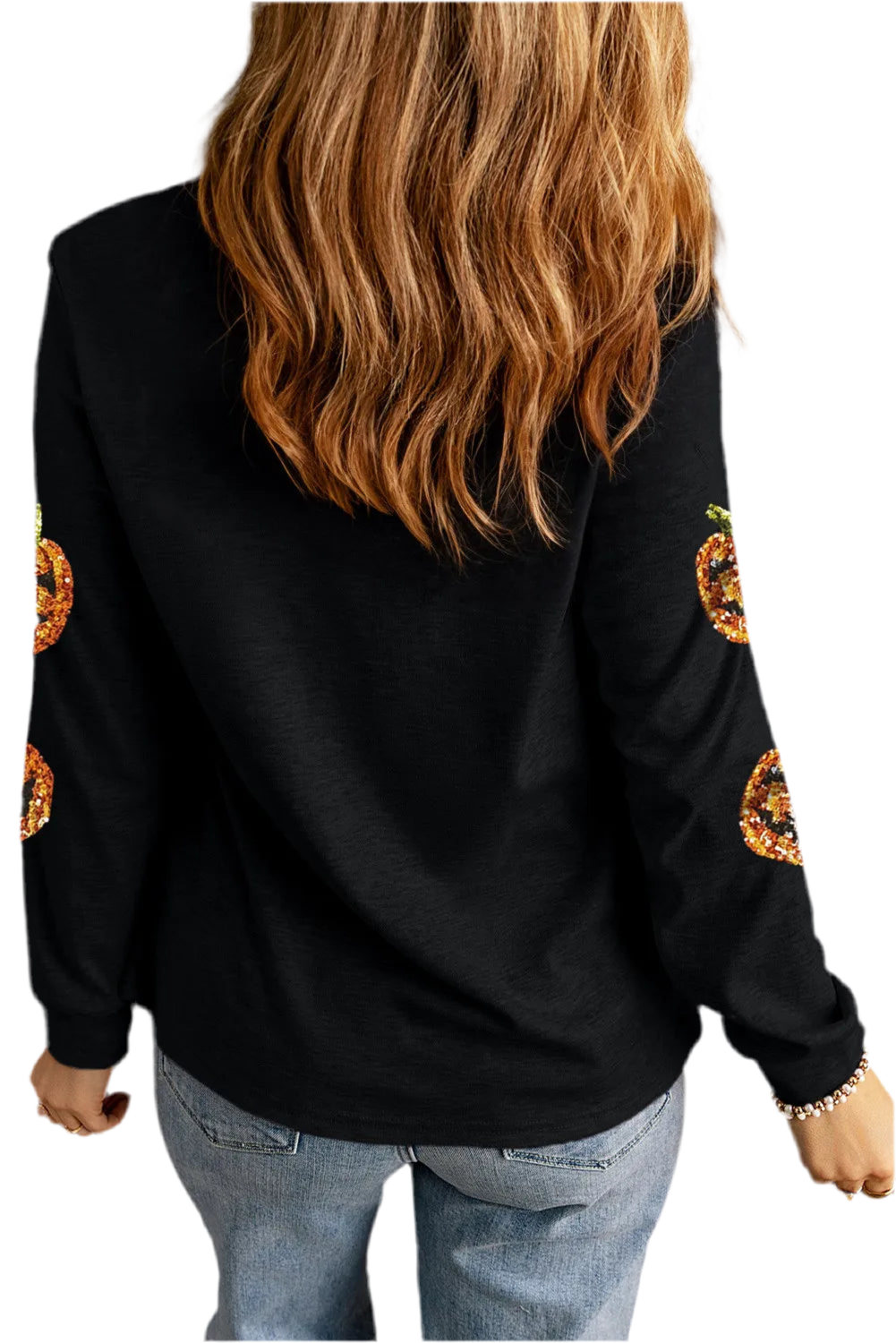 Jacqui O Lantern Sequin Pumpkin Round Neck Long Sleeve Top