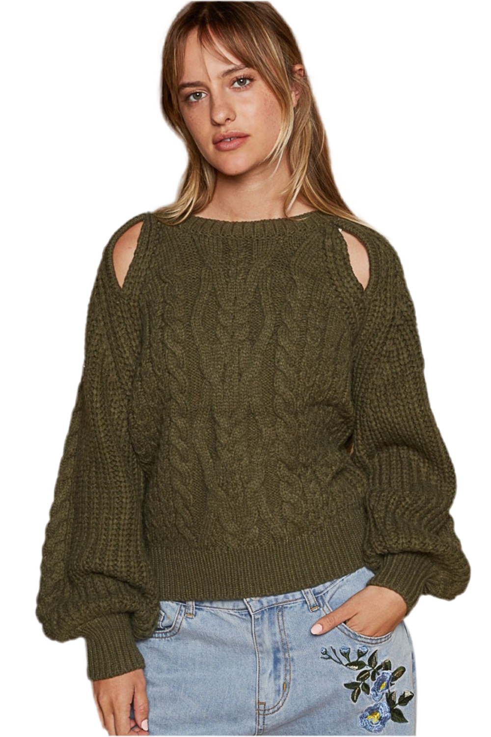 Tina Olive Cable Knit Cutout Long Sleeve Sweater