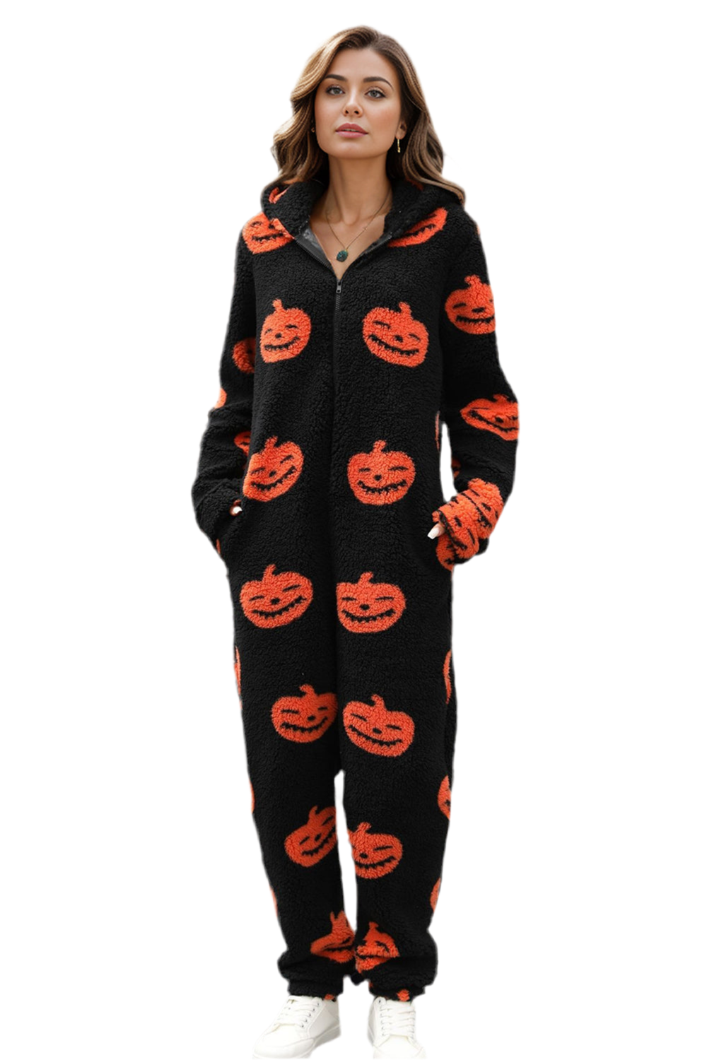 Fuzzy Pumpkin Half Zip Hooded Jumpsuit