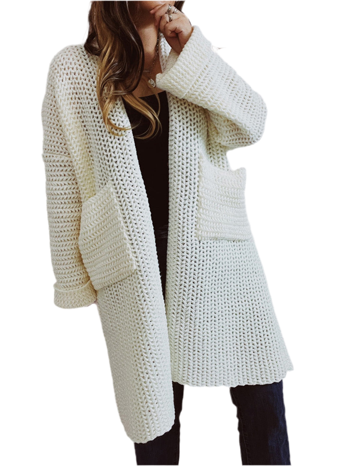 Kelly Open Front Long Sleeve Chunky Knit Cardigan with Pockets