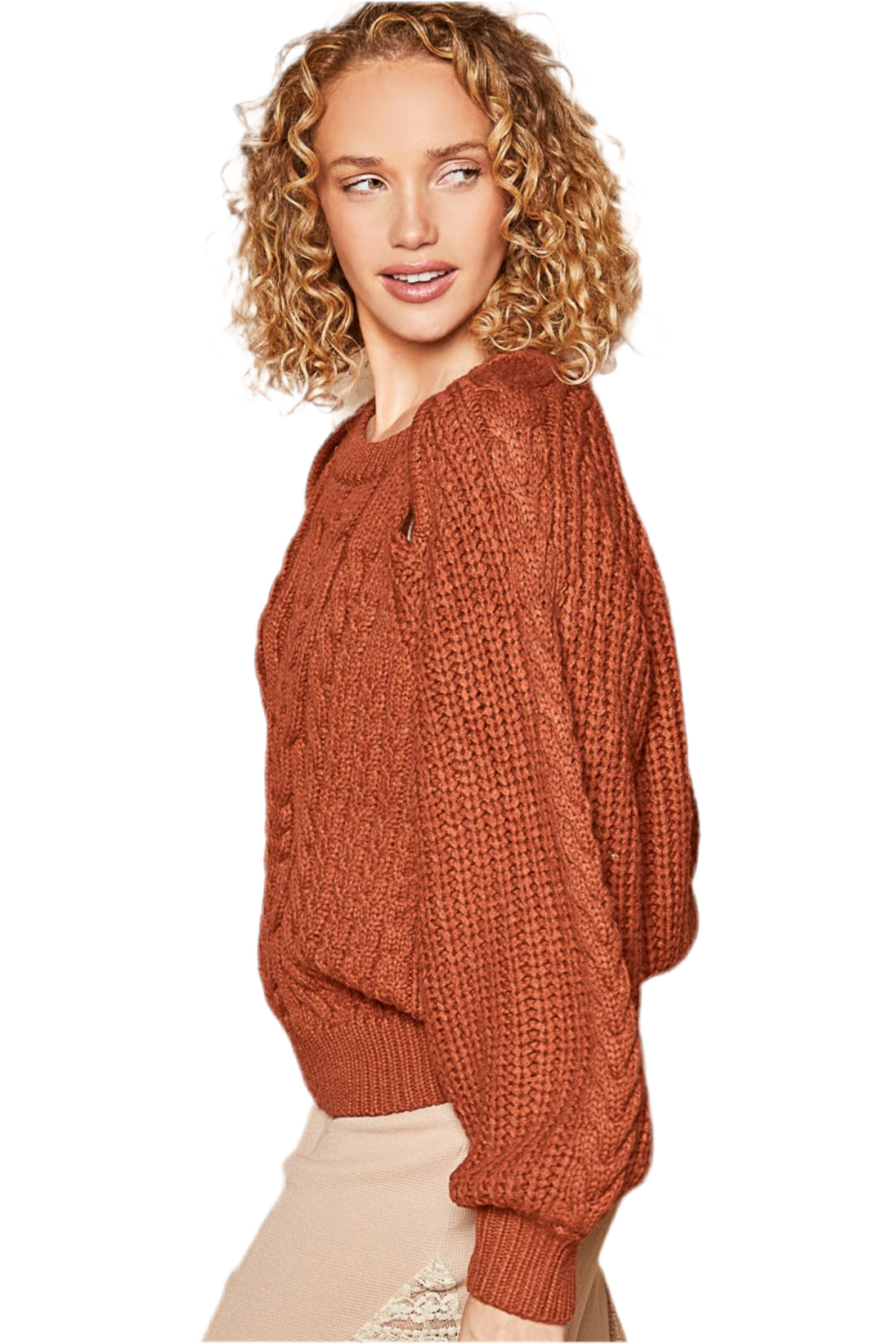 Tina Cinnamon Cable Knit Cutout Long Sleeve Sweater