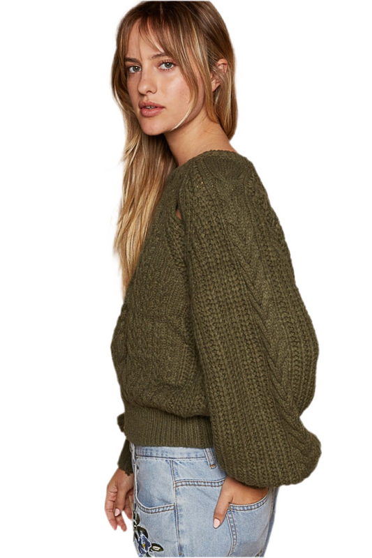 Tina Olive Cable Knit Cutout Long Sleeve Sweater