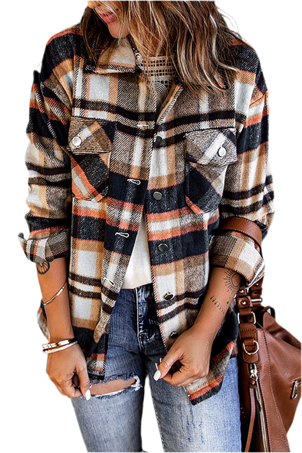 Double Take Plaid Button Front Shirt Jacket with Breast Pockets