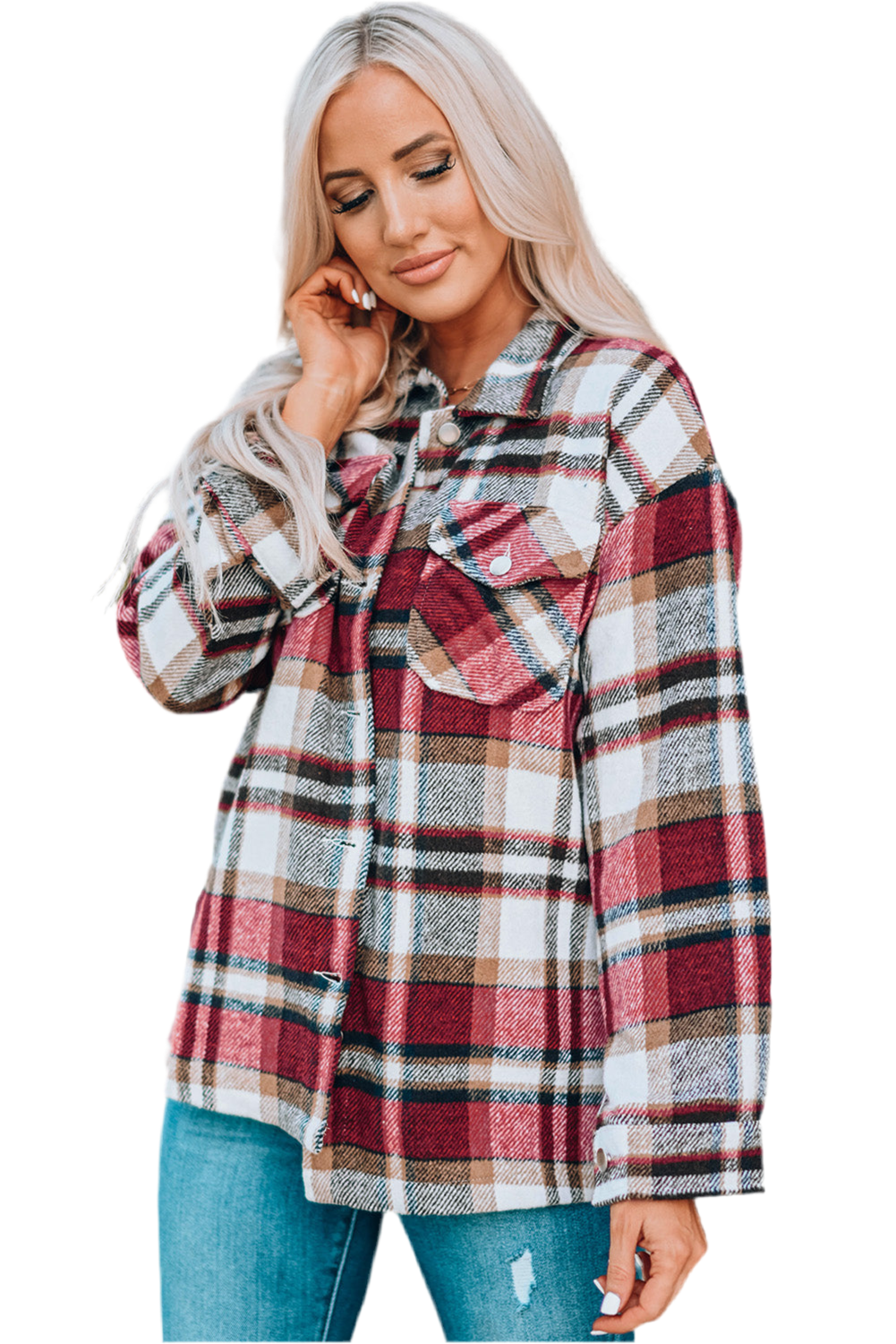 Double Take Plaid Button Front Shirt Jacket with Breast Pockets