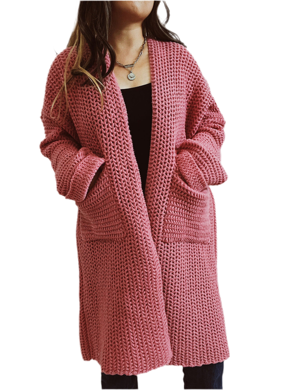 Kelly Open Front Long Sleeve Chunky Knit Cardigan with Pockets