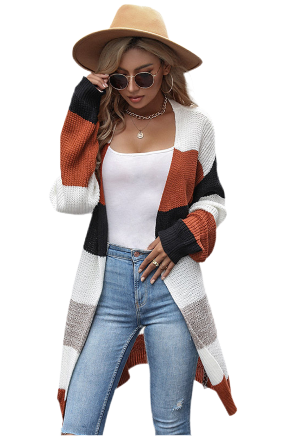 Earthy Autumn Striped Open Front Longline Cardigan