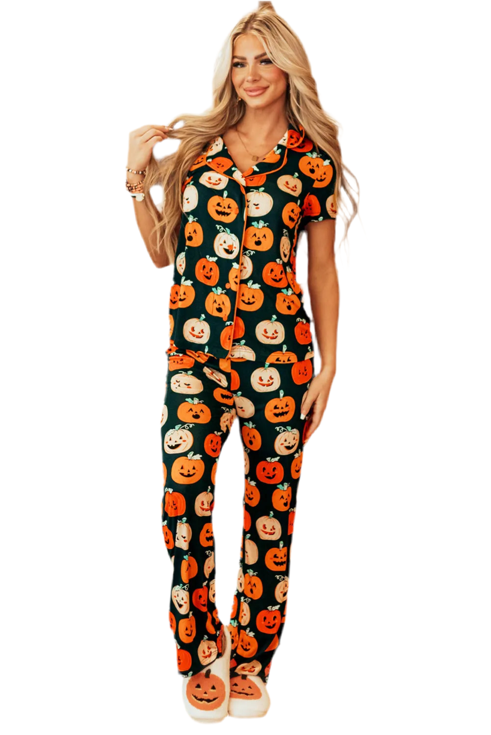 Pumpkin Printed Short Sleeve Top and Pants Lounge Set