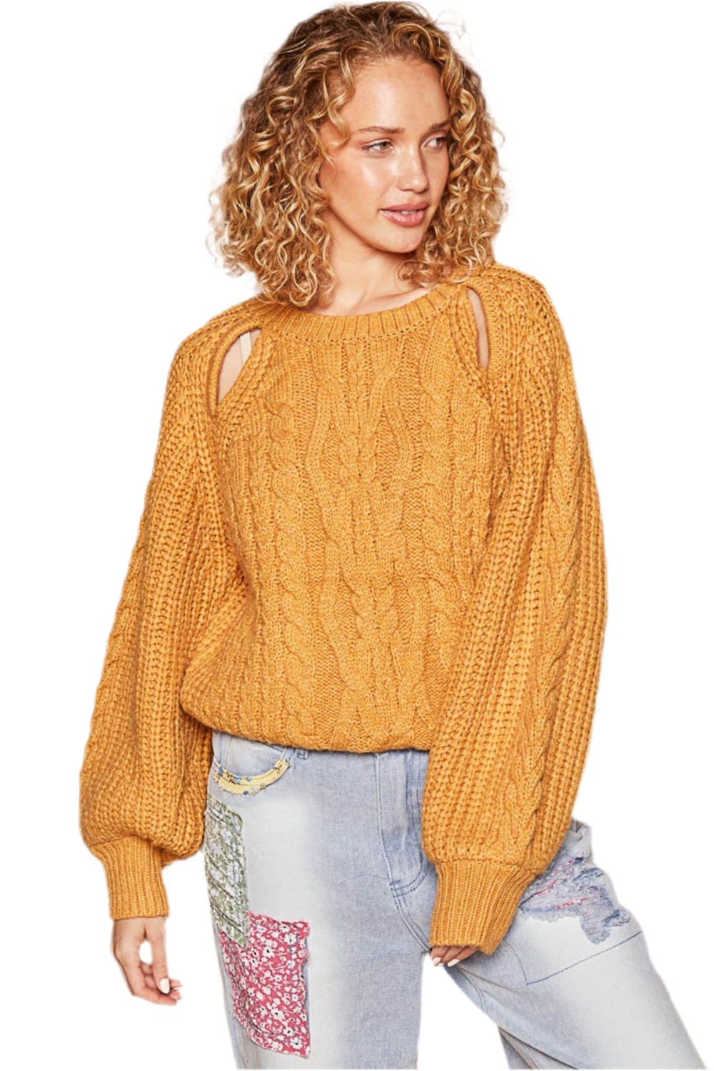 Tina Yellow Cable Knit Cutout Long Sleeve Sweater