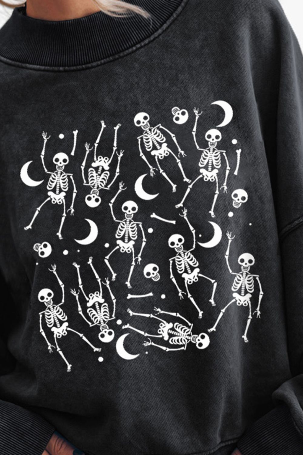 Skeleton Moonlight Dance Graphic Round Neck Long Sleeve Sweatshirt